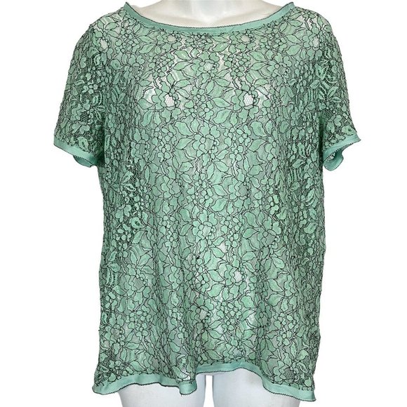 Ann Taylor Loft Green Lace Short Sleeve Sheer Dainty Floral Top Shirt Blouse  M - Picture 1 of 16